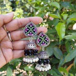 Floral Black Pearl Jhumka Earrings
