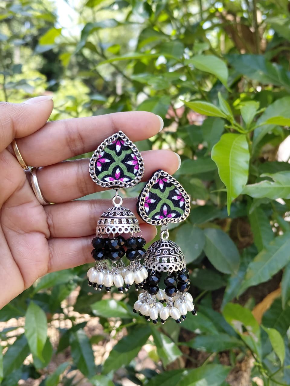 Floral Black Pearl Jhumka Earrings